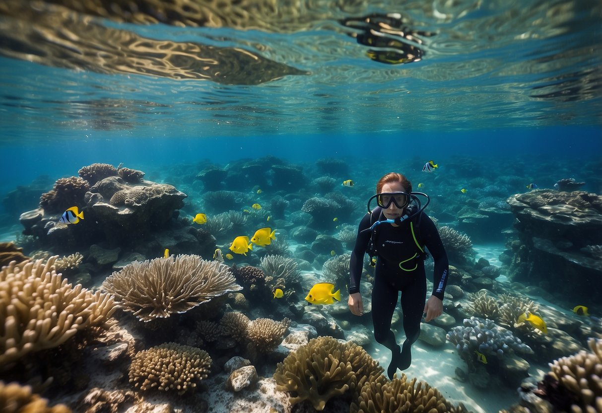 Crystal clear ocean water, vibrant coral reefs, and colorful fish surround a snorkeler in a sleek wetsuit, exploring the underwater world