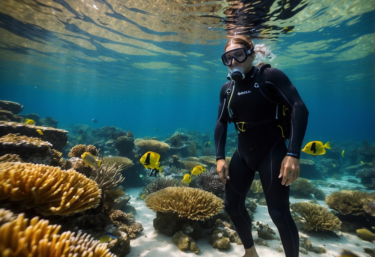 A vibrant underwater scene with a snorkeler in a O'Neill Reactor II wetsuit exploring colorful coral reefs and tropical fish in crystal-clear waters