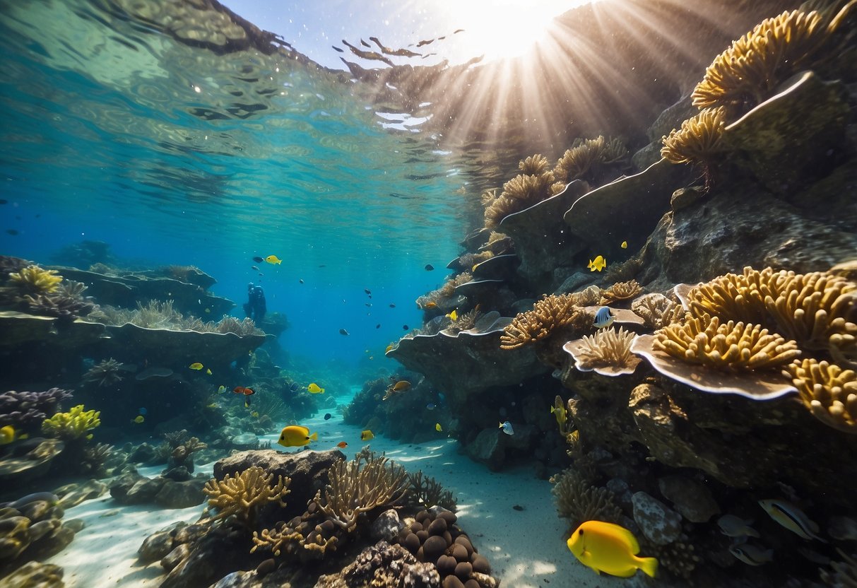 A vibrant underwater scene with snorkelers in Rip Curl Flashbomb 5 wetsuits, surrounded by colorful marine life and clear blue waters