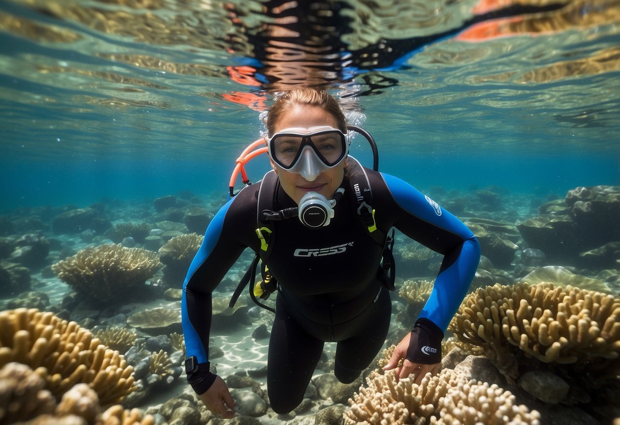 Crystal-clear water, colorful fish, and a vibrant coral reef surround a snorkeler in a Cressi Endurance 5 wetsuit