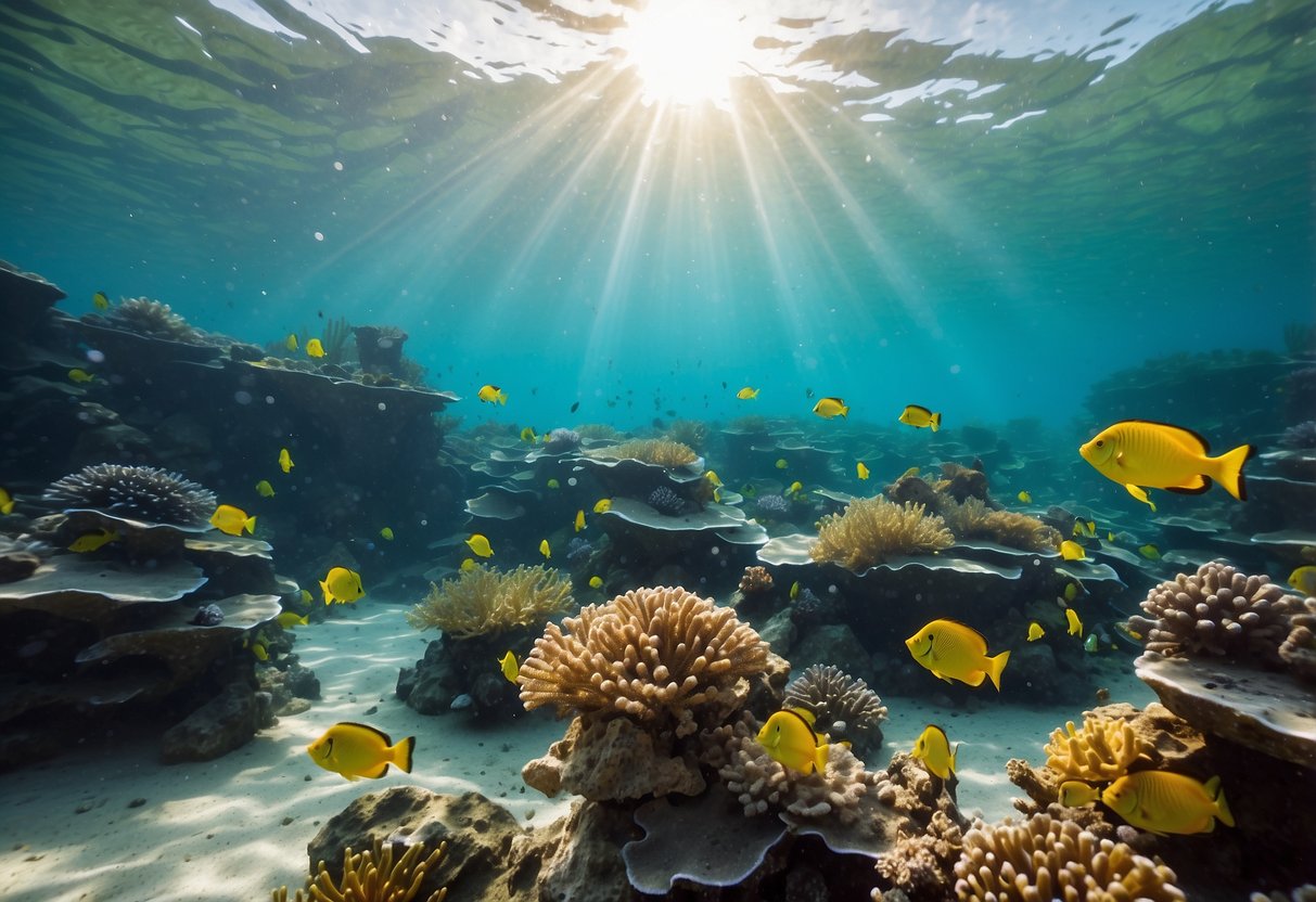 Crystal clear water teeming with colorful fish and vibrant coral reefs. Sunlight dances through the waves, illuminating the underwater world