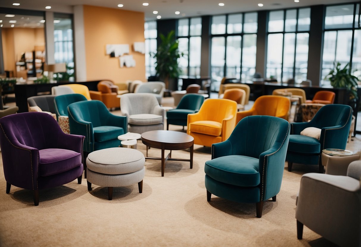 A variety of chairs arranged in a showroom, labeled with "Frequently Asked Questions" about different furniture types