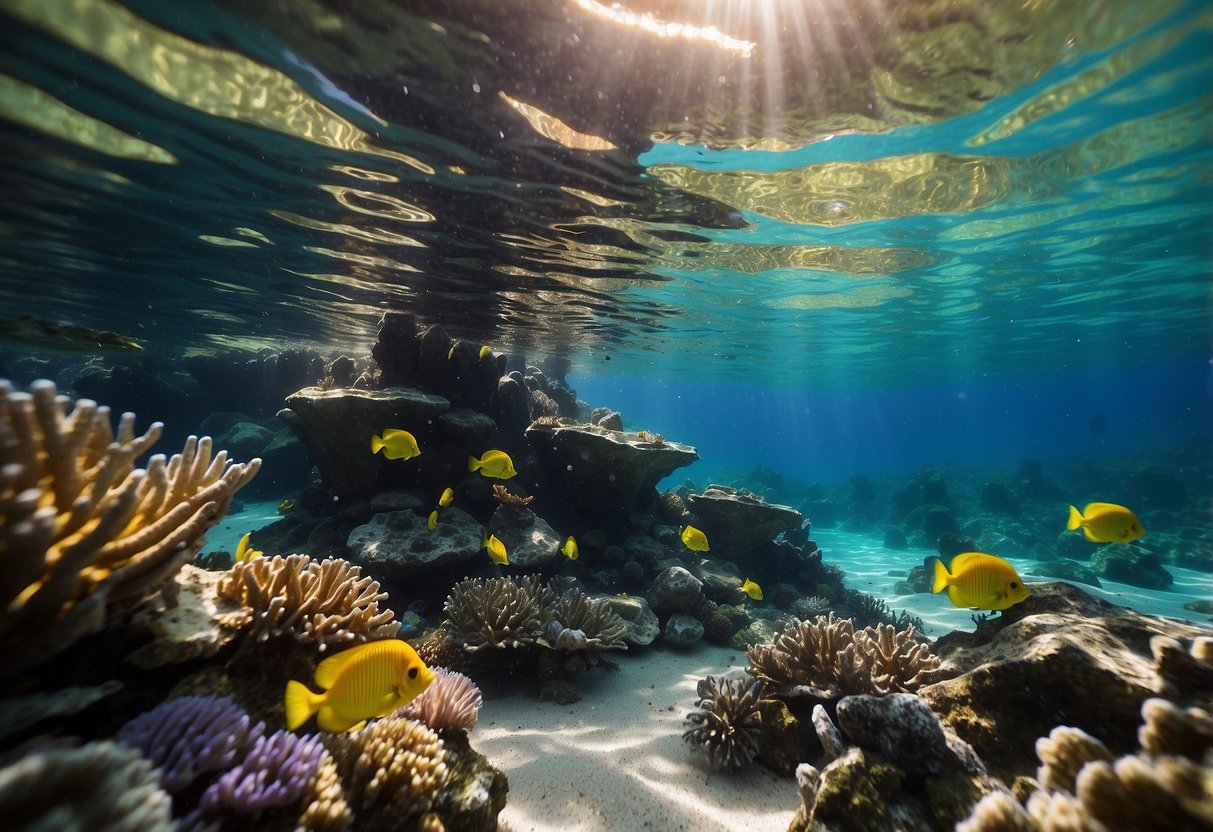 Crystal clear waters teeming with colorful marine life. Vibrant coral reefs stretching out beneath the surface. Sunlight streaming through the water, creating a mesmerizing underwater landscape