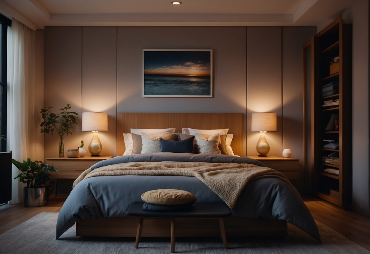 A bed, nightstand, dresser, and wardrobe fill the cozy bedroom. A lamp illuminates the room, casting a warm glow on the furniture