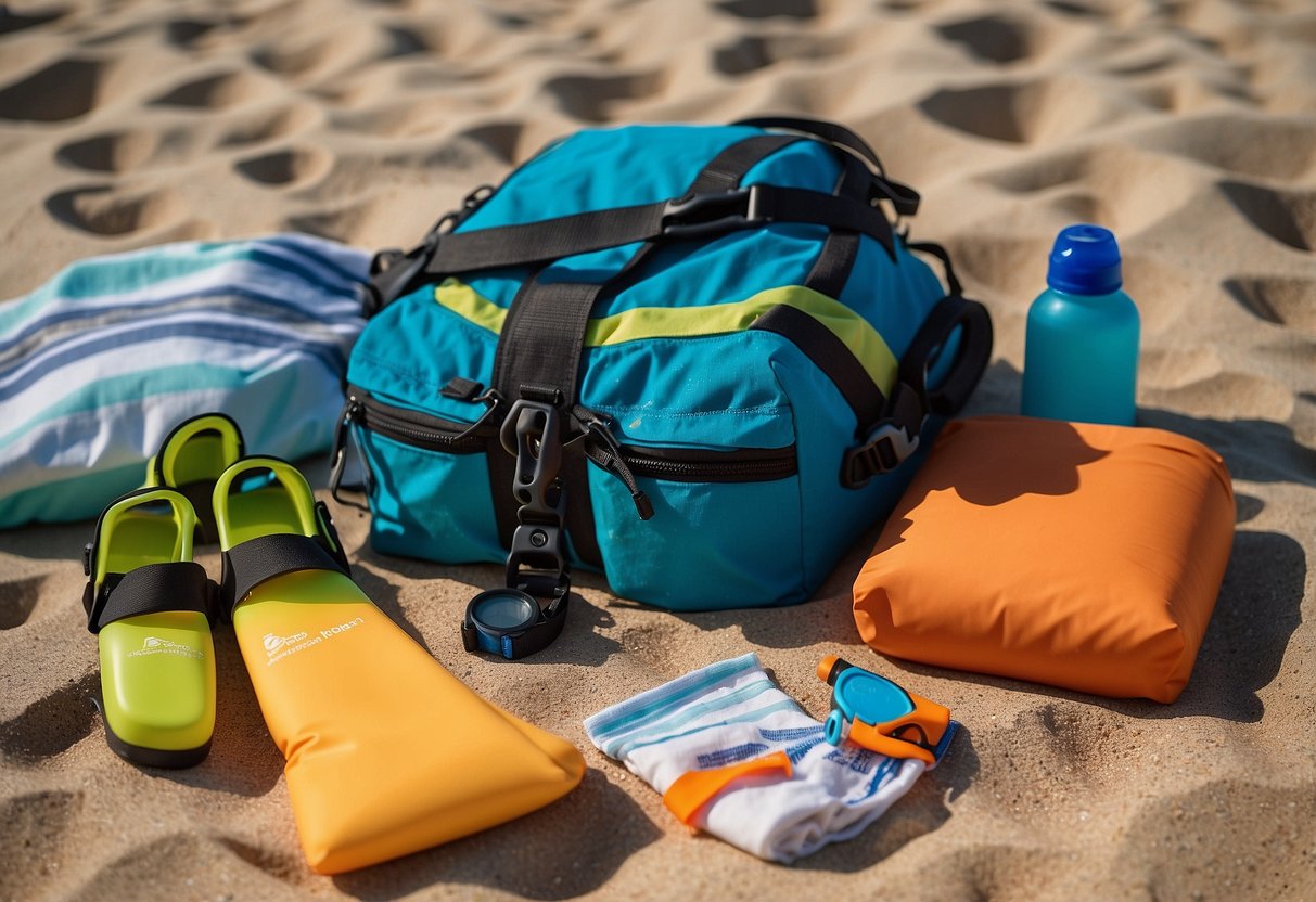 Brightly colored snorkeling gear laid out neatly on a beach towel, surrounded by sunscreen, water bottles, and a waterproof bag. A checklist and map are visible nearby