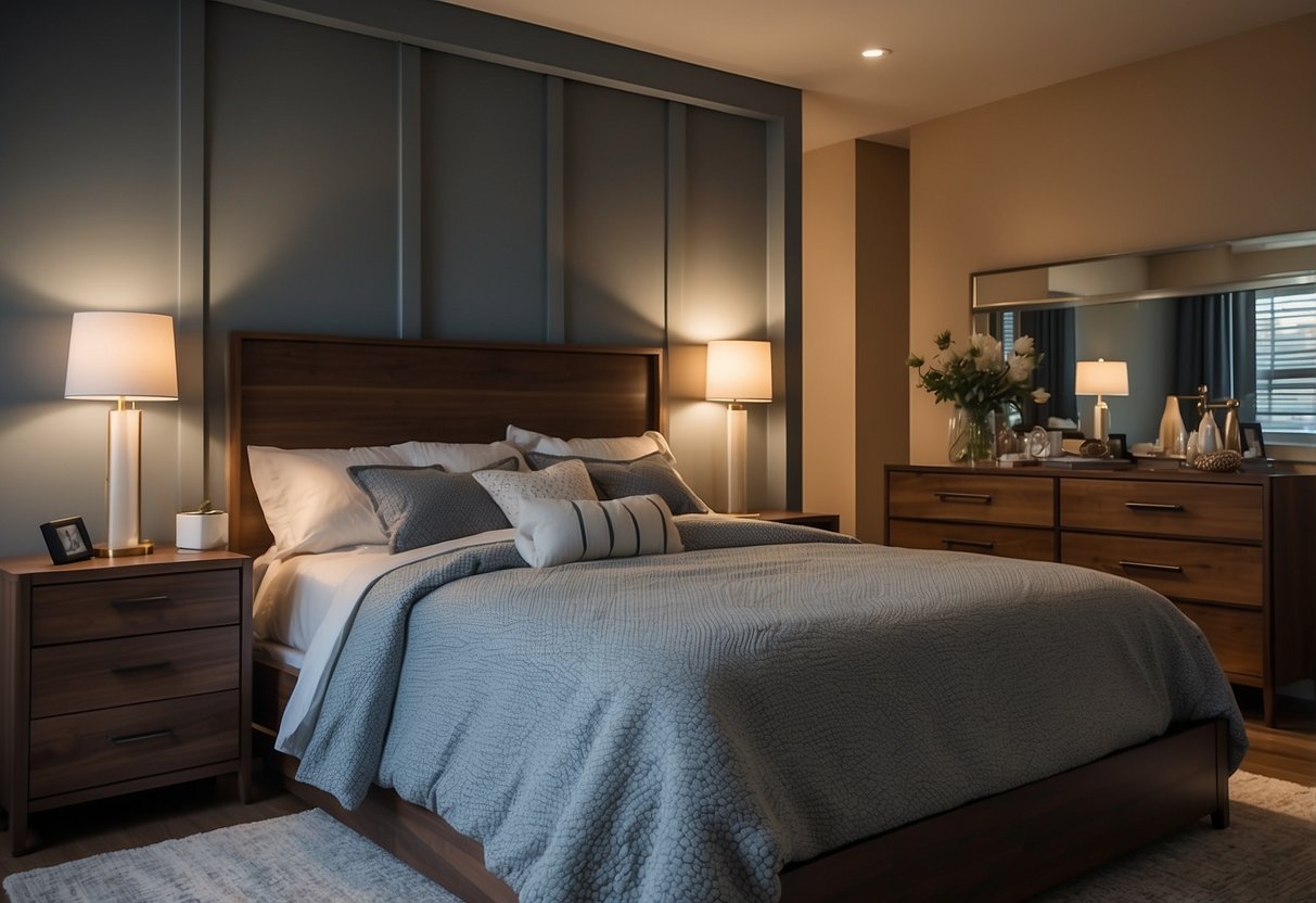 A bed, nightstand, dresser, and wardrobe fill the bedroom. The bed is made with a cozy comforter and pillows. The nightstand holds a lamp and alarm clock. The dresser has a mirror and decorative items. The wardrobe has clothes neatly