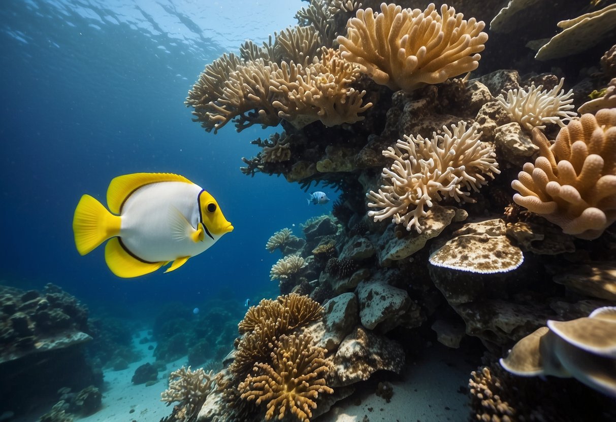 Vibrant coral reefs teeming with marine life, surrounded by crystal-clear waters. Eco-friendly snorkel gear neatly packed alongside sunscreen and reusable water bottles