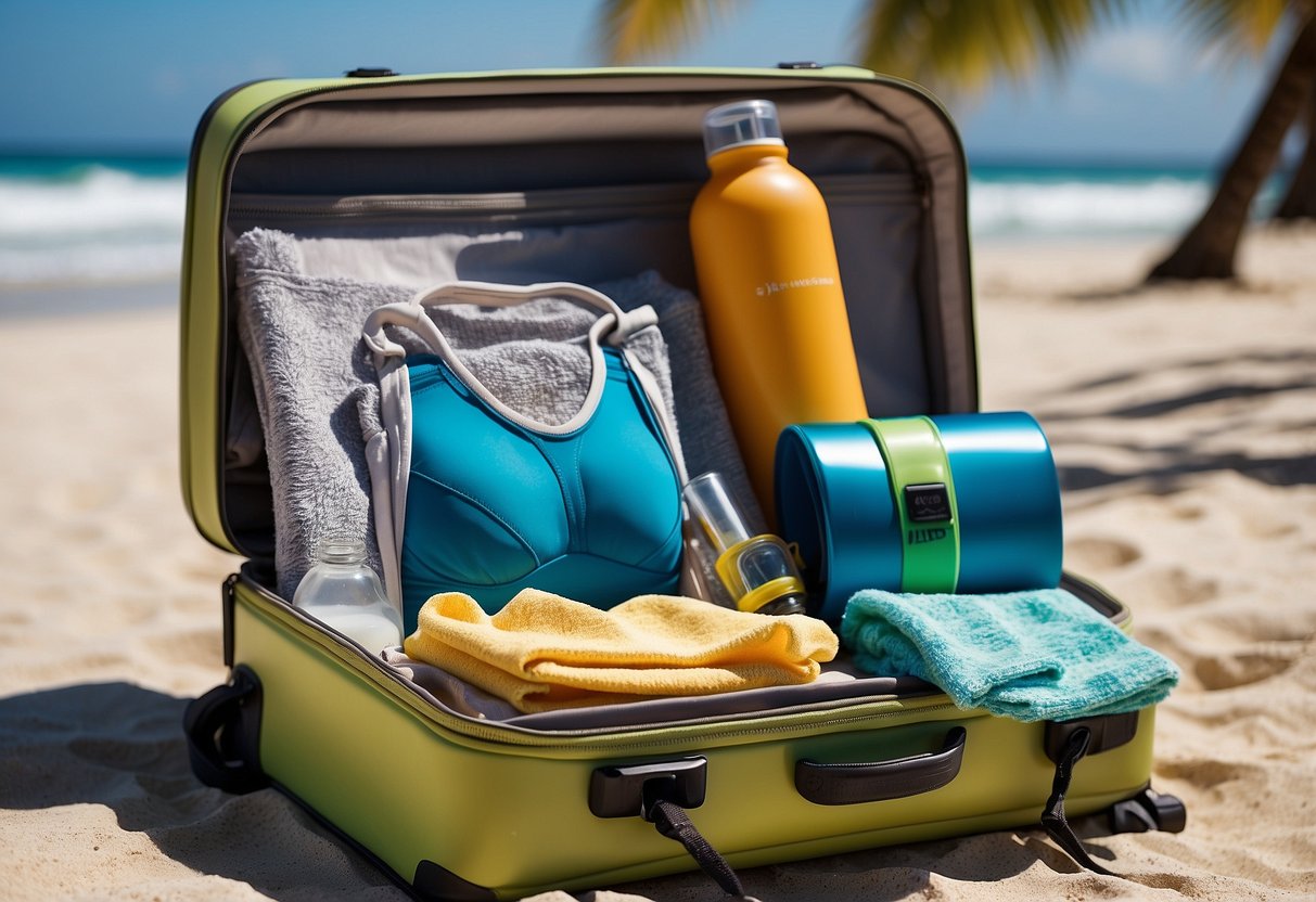 Colorful swimwear, snorkel gear, sunscreen, towel, and water bottle neatly packed in a compact suitcase. A beach background with palm trees and crystal clear water