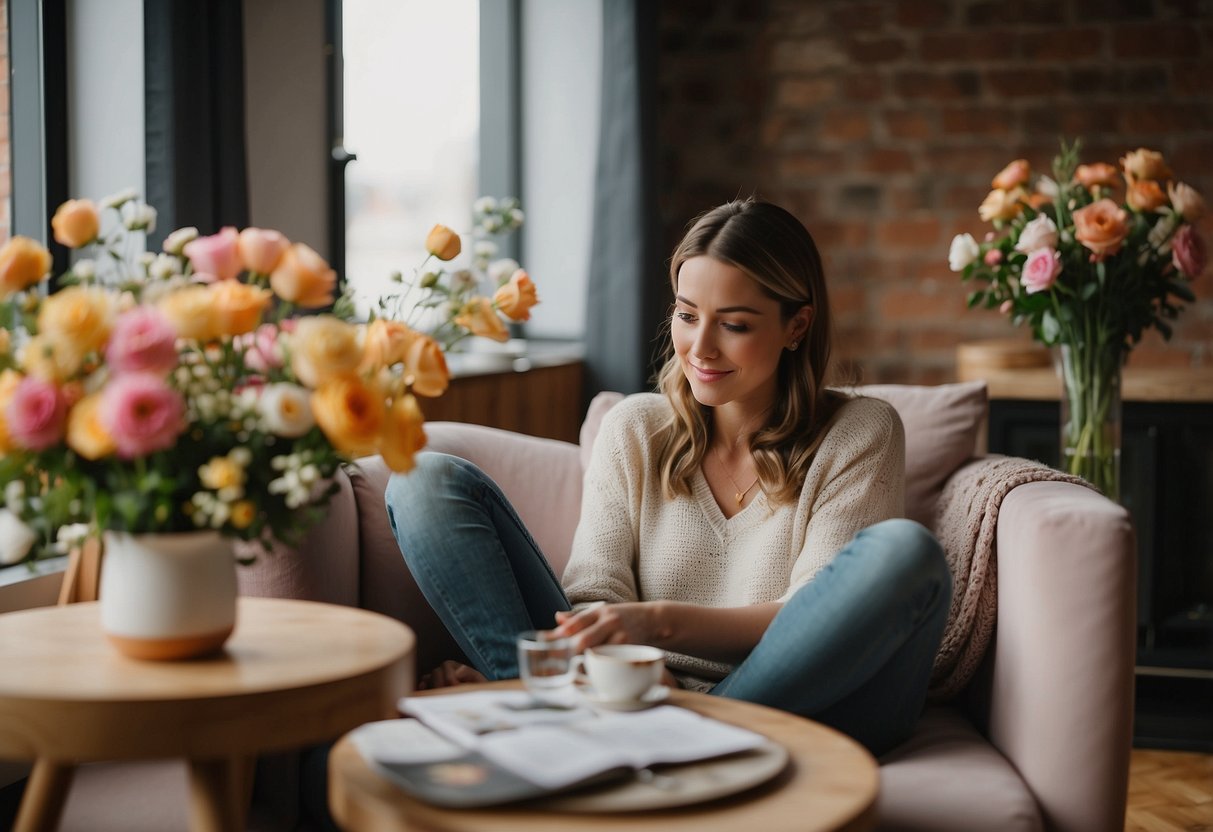 A woman carefully choosing a cozy armchair and a stylish coffee table for Mother's Day. The room is filled with warm natural light and adorned with colorful flowers