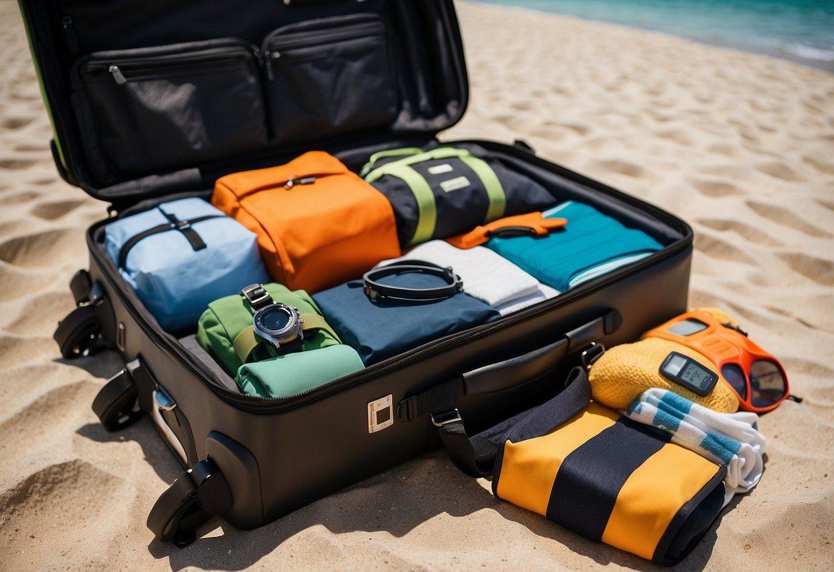 A suitcase open on a bed, filled with snorkeling gear, sunscreen, and beach towels. A checklist and passport sit on top. Nearby, a compact, lightweight backpack is packed with essentials for a day of snorkeling