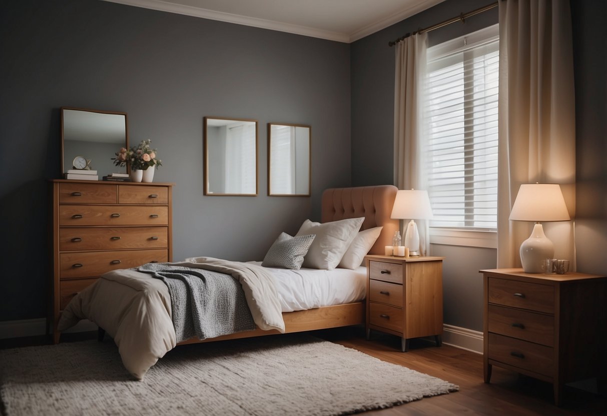 A bed with a tufted headboard, a nightstand with a lamp, a dresser with a mirror, and a cozy armchair in the corner