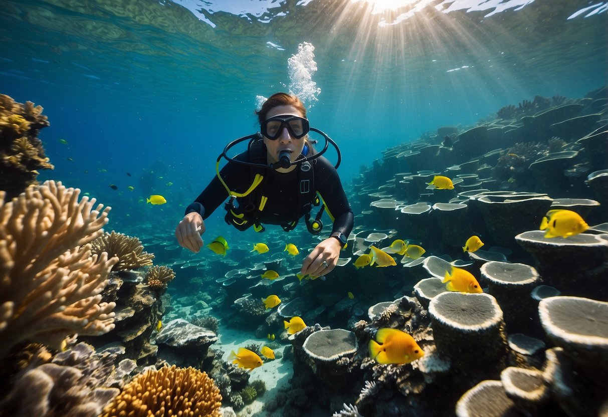 Crystal-clear water, colorful coral, and a variety of fish. A snorkeler wearing lightweight gear explores the underwater world