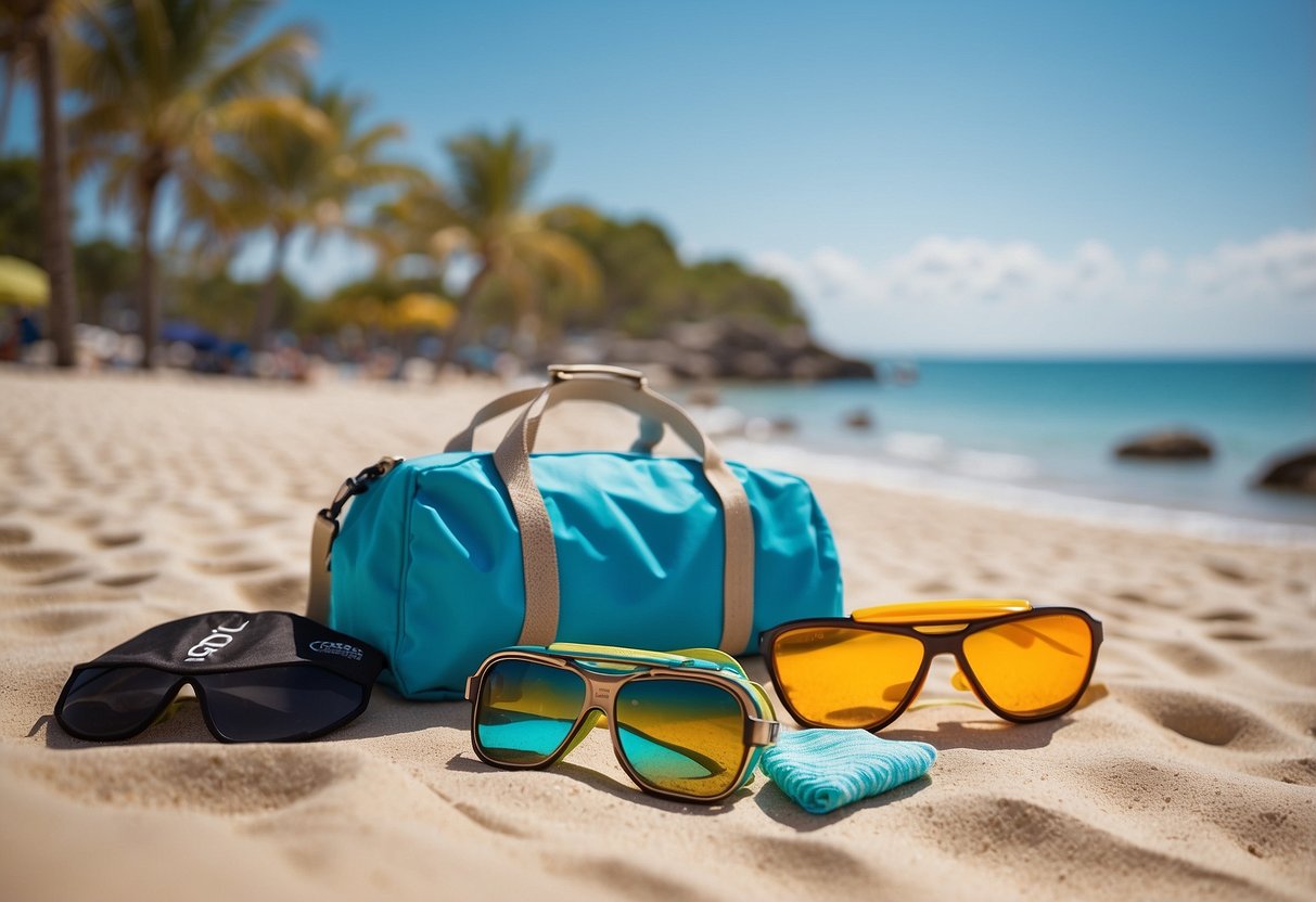 A sunny beach with clear blue water, a sandy shore, and a colorful Cressi Lightbag UV Protection 5 lightweight snorkeling apparel laid out on a beach towel