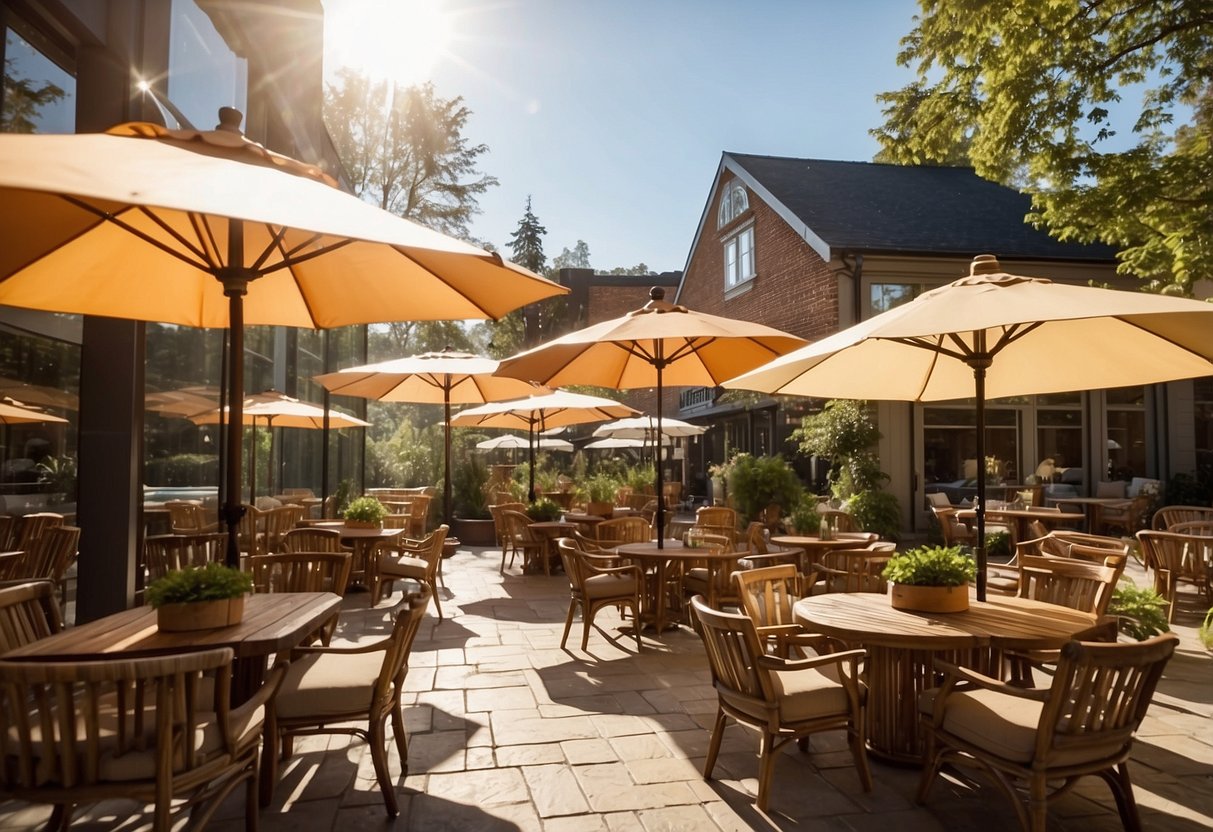 Customers browsing outdoor tables, chairs, and umbrellas in a spacious garden furniture store. Bright sunlight filters through the large windows, illuminating the colorful array of options