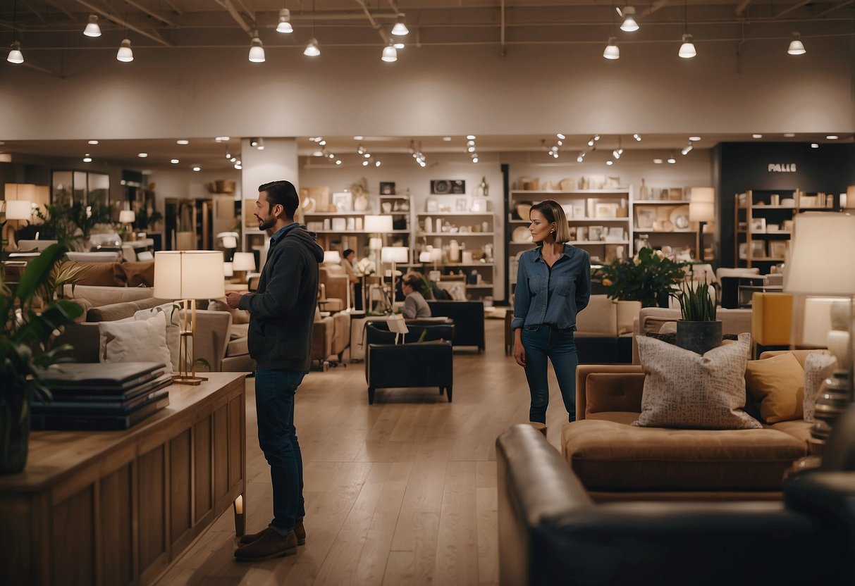 A customer browsing through a well-organized furniture store, with clear price tags and helpful staff, making their Mother's Day purchase hassle-free