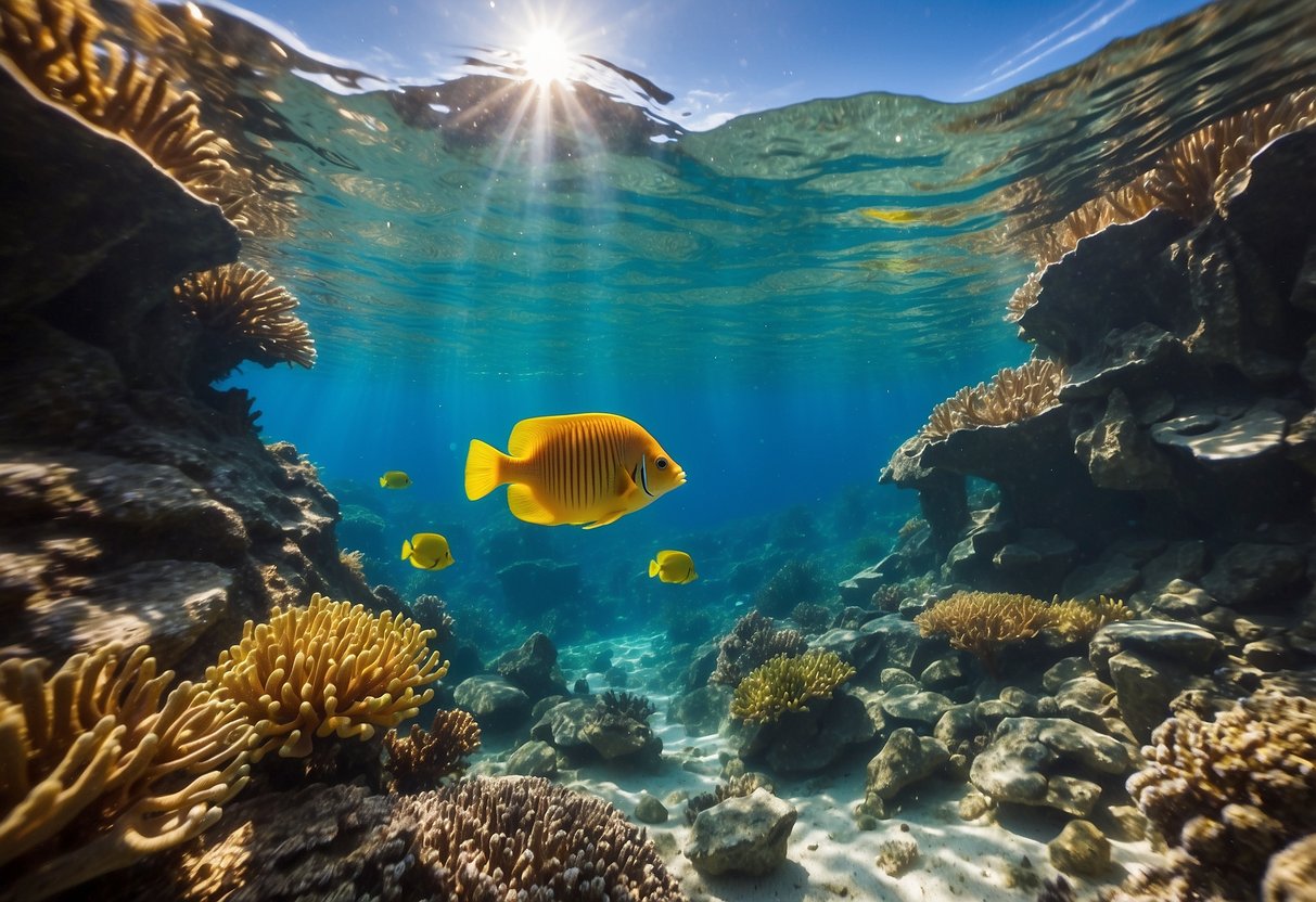 A vibrant coral reef with crystal clear water, showcasing the OMGear Wetsuit Shorty 5. Sunlight glistens off the lightweight snorkeling apparel as colorful fish swim around