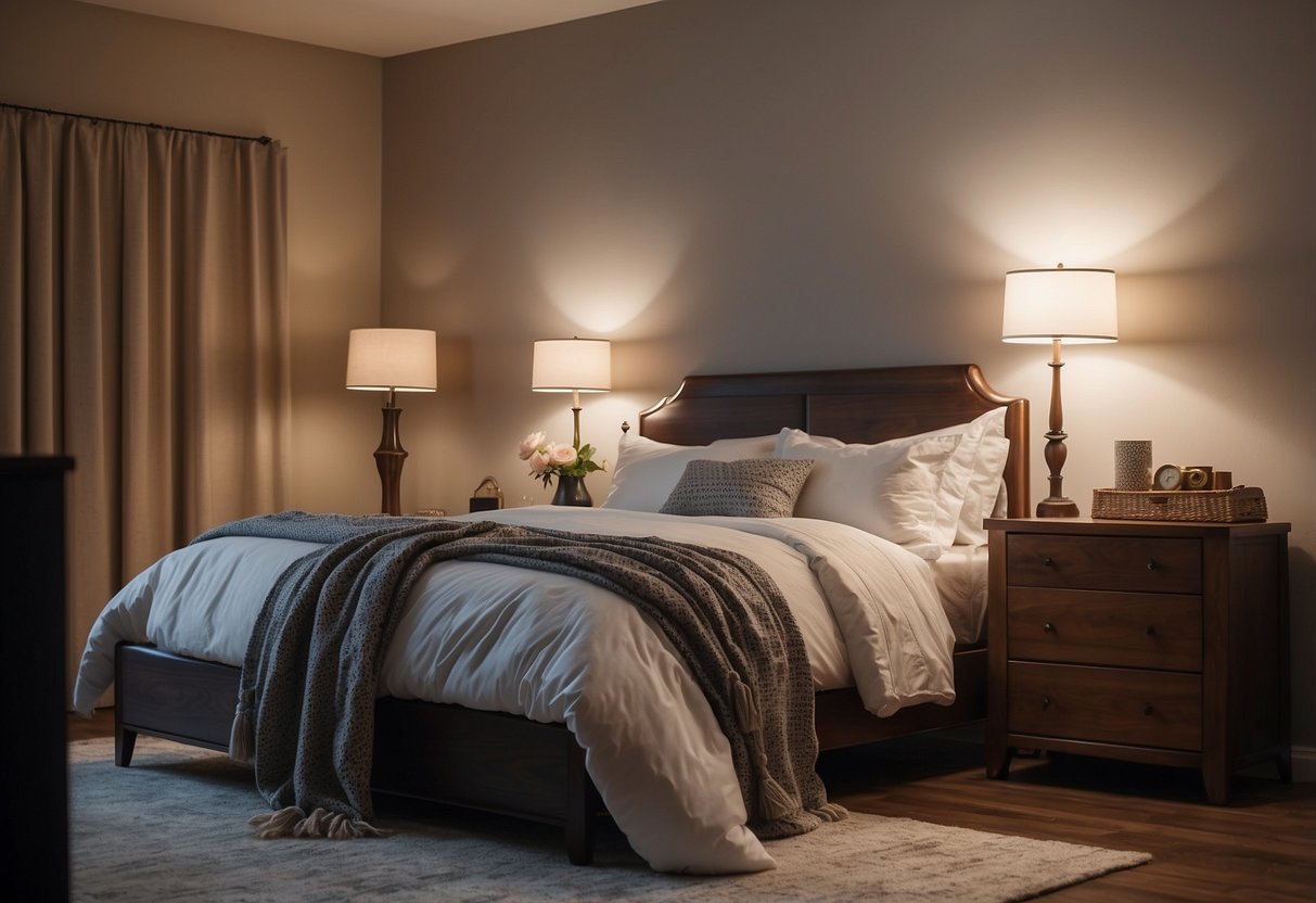 A bedroom scene with a bed, nightstand, dresser, and mirror. A lamp illuminates the room, and a chair sits in the corner