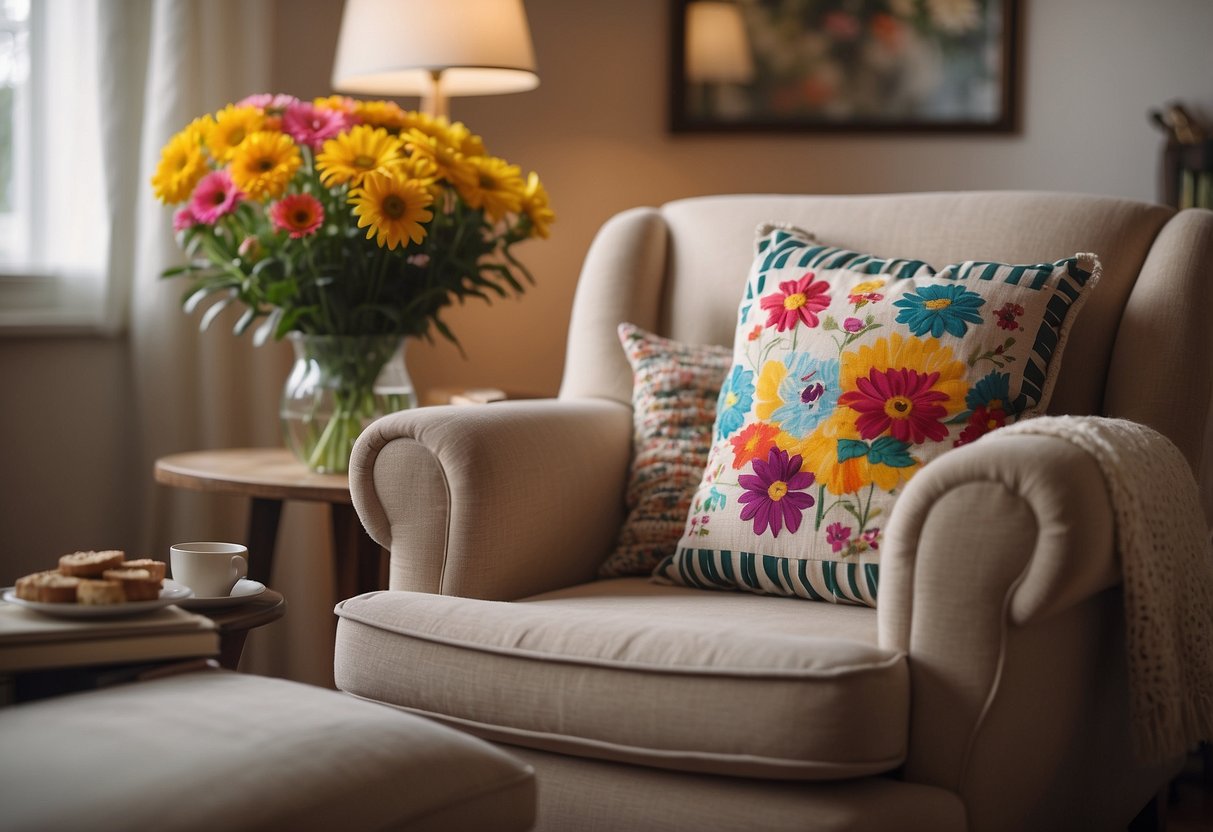 A cozy living room with a mother reading a book in a comfortable armchair surrounded by colorful flowers and a handmade "Happy Mother's Day" sign