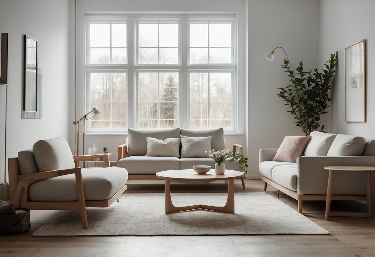 A minimalist living room with clean lines, light wood, and neutral colors. A sleek sofa, a simple coffee table, and a modern armchair complete the nordic design furniture