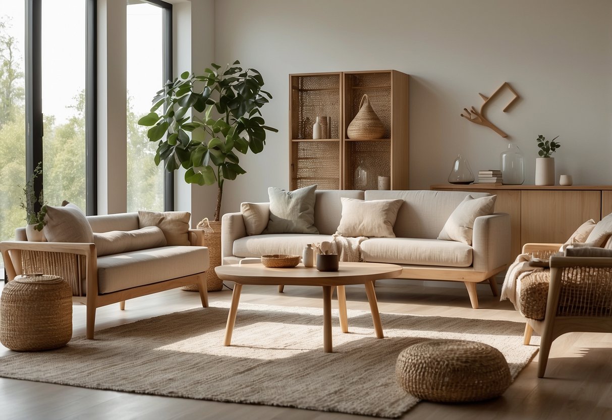 A minimalist living room with sleek, clean-lined furniture in light wood tones, accented with cozy textiles and natural materials