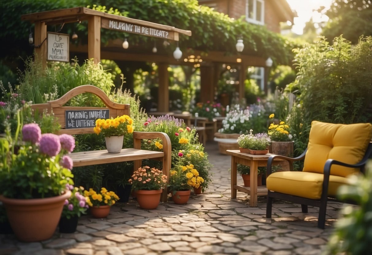 A sunny outdoor display of colorful garden furniture, surrounded by lush green plants and flowers, with a sign reading "Making the Right Purchase" above the entrance