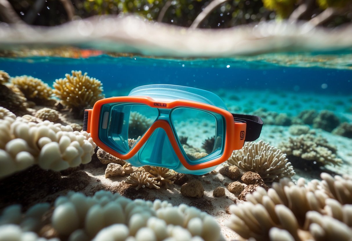 Clear blue water with colorful coral and fish. Lightweight snorkeling gear neatly organized on a sandy beach. A guidebook open to "How to Properly Care for Snorkeling Apparel."