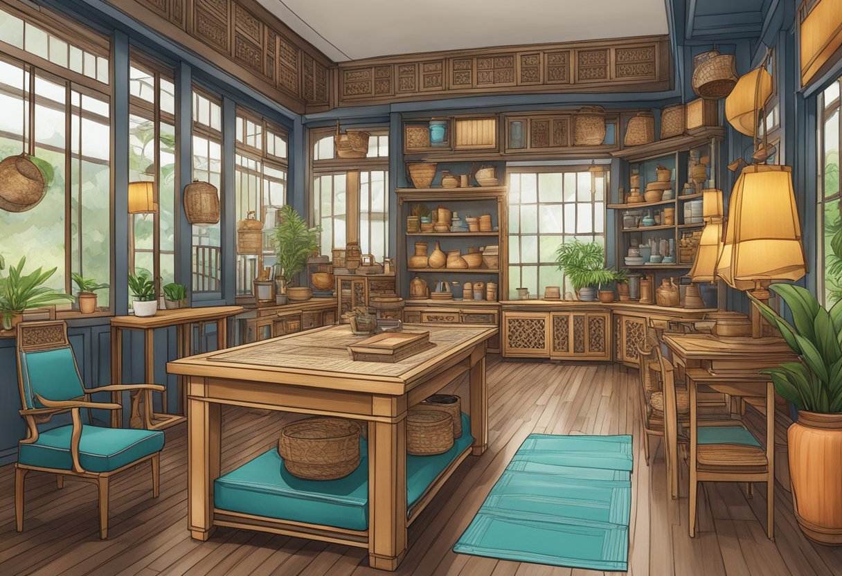 A workshop filled with traditional Singaporean furniture, handcrafted with intricate designs and vibrant colors