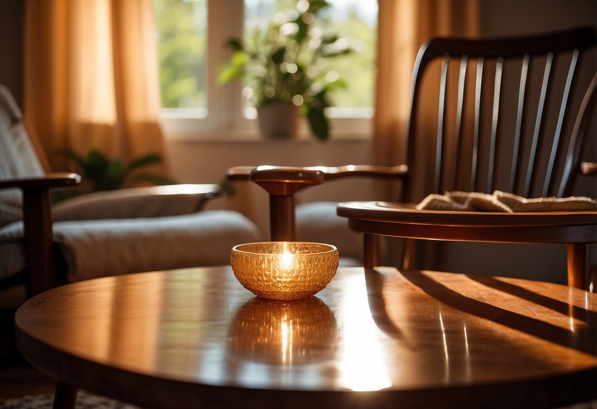 A wooden chair and table coated in glossy shellac, reflecting the warm glow of sunlight in a cozy living room