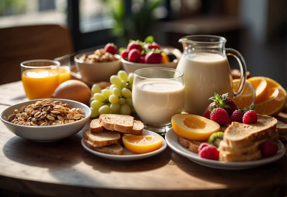 A table with a variety of breakfast foods: fruits, yogurt, granola, eggs, toast, smoothies, and coffee. Bright, natural lighting