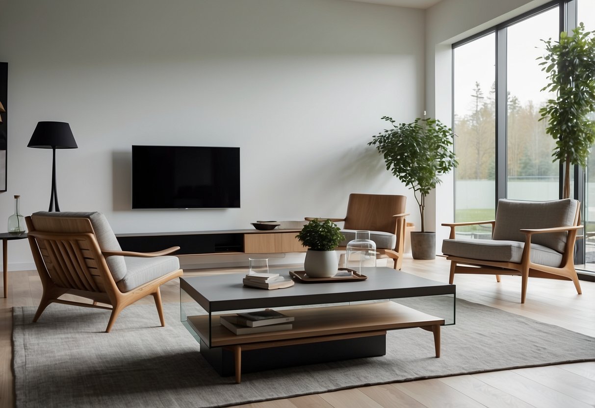 A sleek, minimalist living room with iconic Nordic design furniture by renowned designers. Clean lines, natural materials, and functional elegance