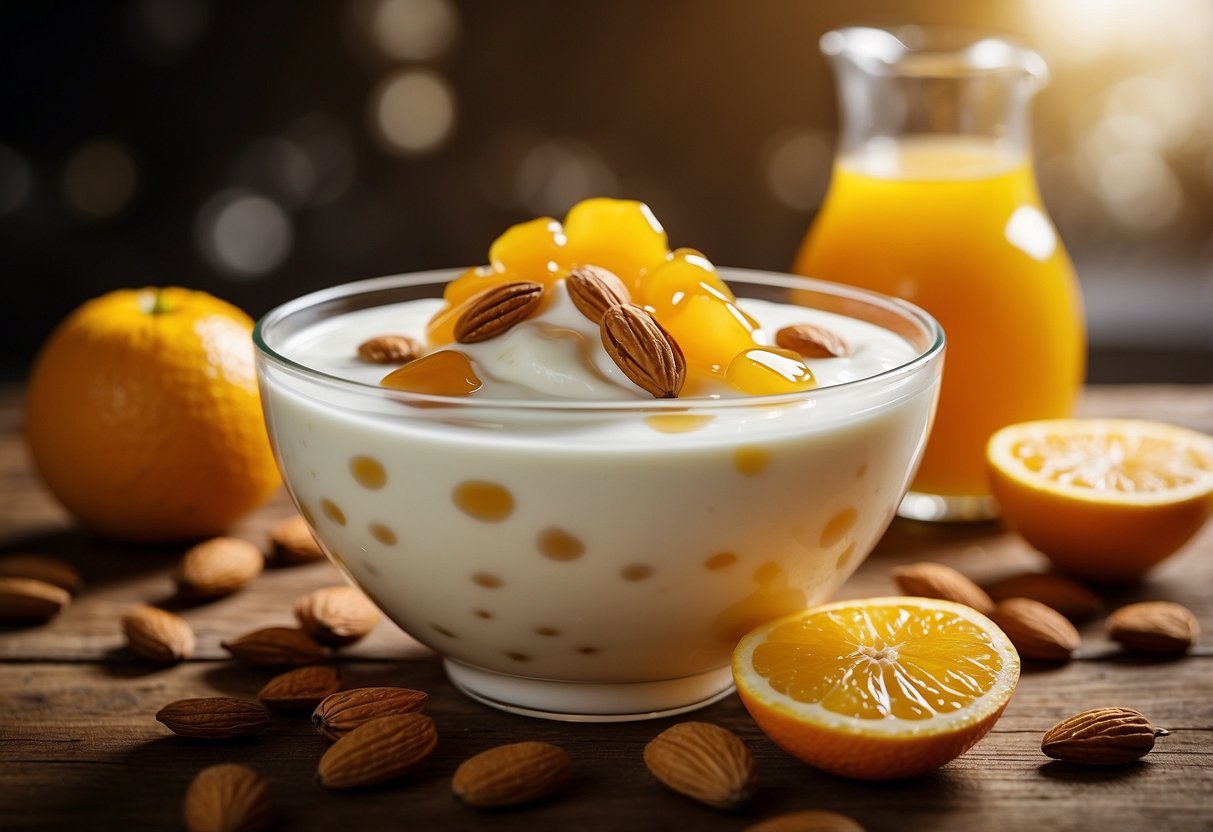 A bowl of Greek yogurt topped with drizzled honey and scattered almonds sits on a wooden table, surrounded by a selection of fresh fruits and a glass of orange juice