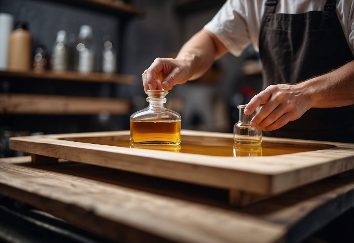 A person mixes shellac and alcohol to prepare furniture finish