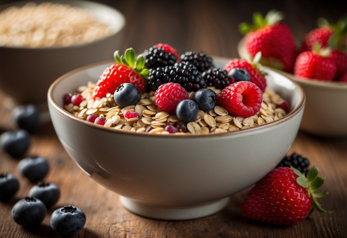 A bowl of oatmeal topped with fresh berries and chia seeds sits on a wooden table, surrounded by a scattering of additional berries and seeds