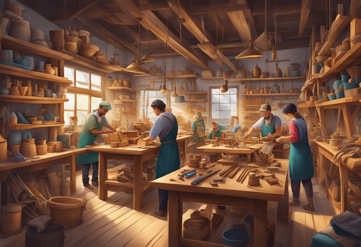 A bustling workshop filled with artisans crafting intricate wooden furniture, surrounded by shelves of vibrant fabrics and traditional tools