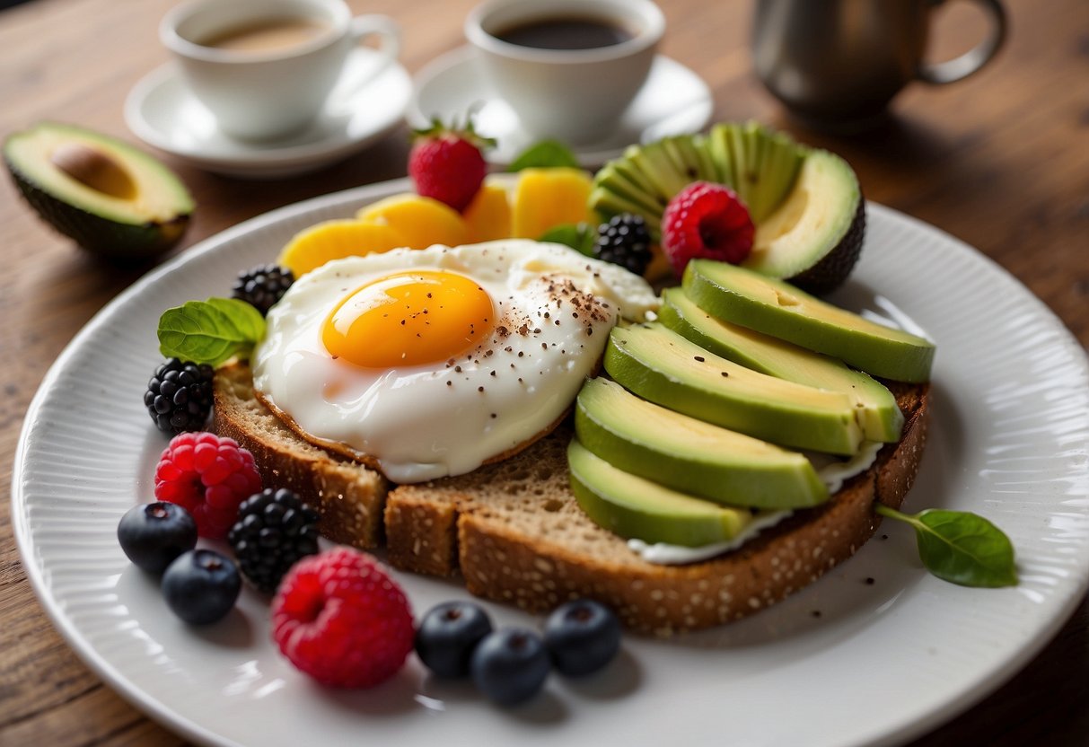 A plate with whole grain toast topped with sliced avocado and a poached egg, surrounded by vibrant fruits and a steaming cup of coffee