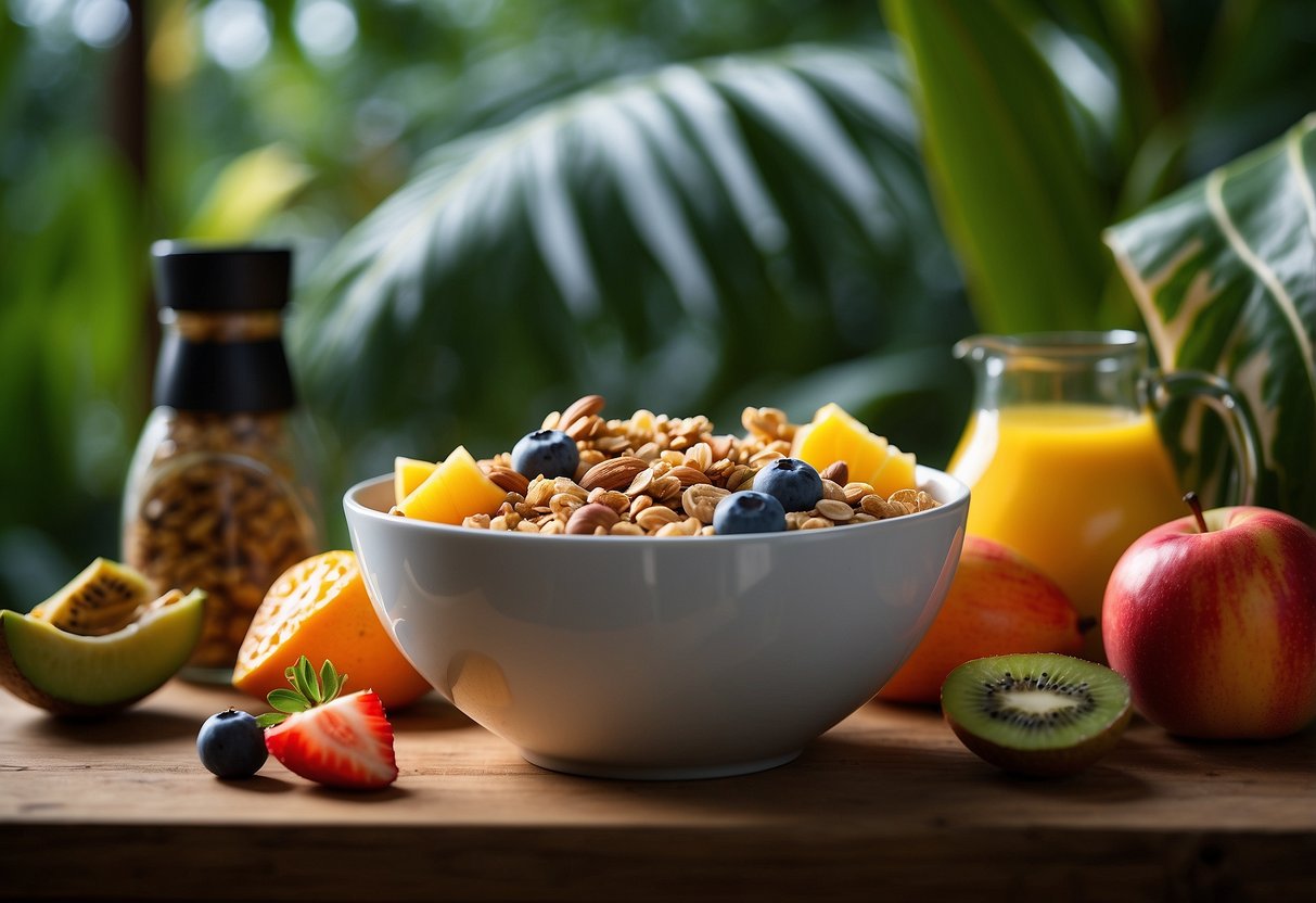 A bowl of granola with coconut milk topped with fresh fruits, surrounded by tropical foliage and a snorkel gear, creating a vibrant and energizing breakfast scene