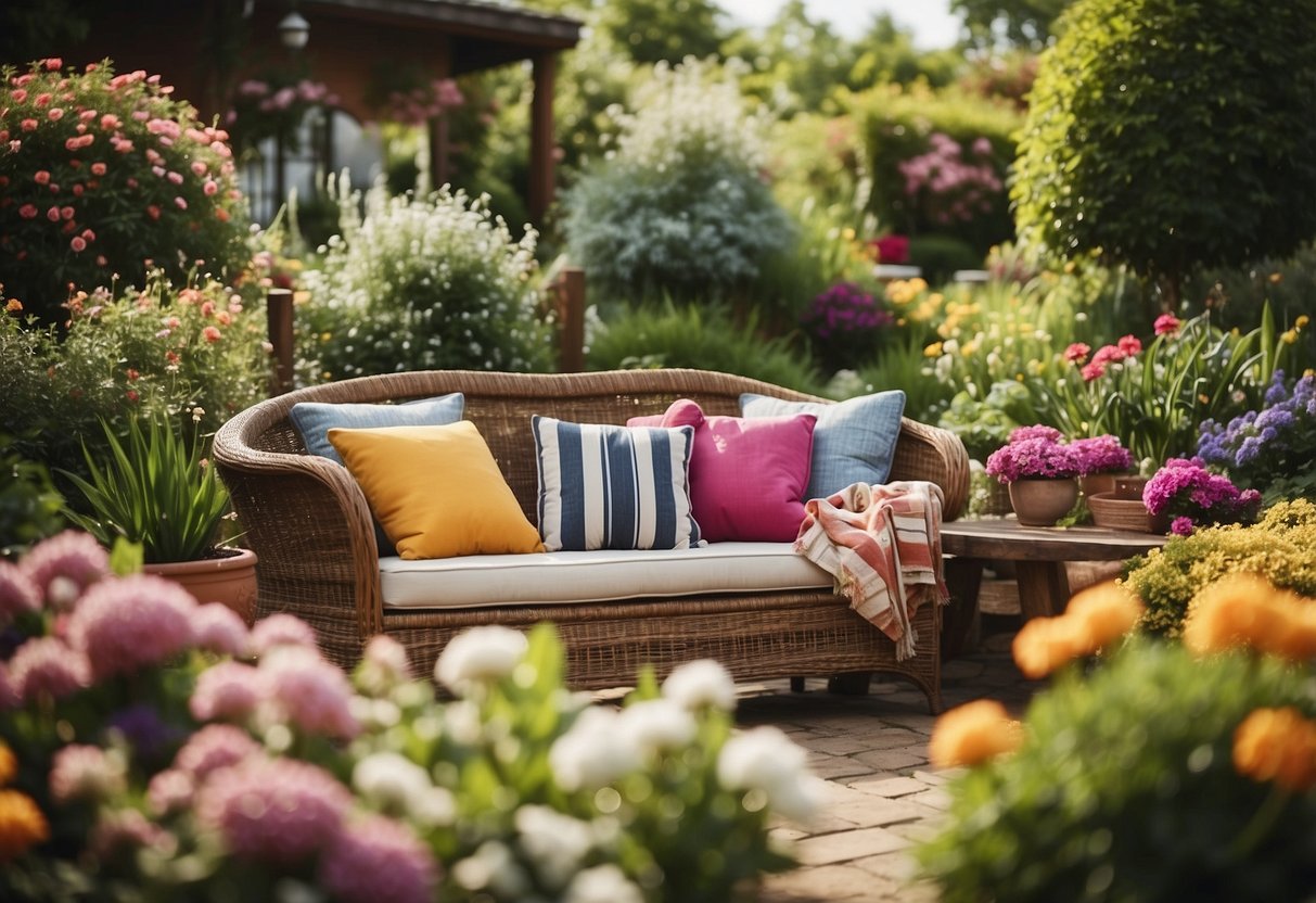 A colorful array of garden furniture displayed in an outdoor setting, surrounded by lush greenery and blooming flowers. A sign reads "Frequently Asked Questions garden furniture store."