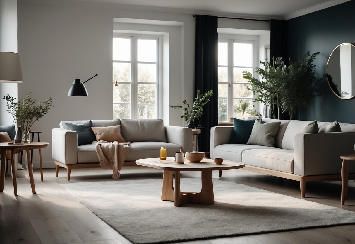 A sleek, minimalist living room with clean lines and natural materials showcasing nordic design furniture