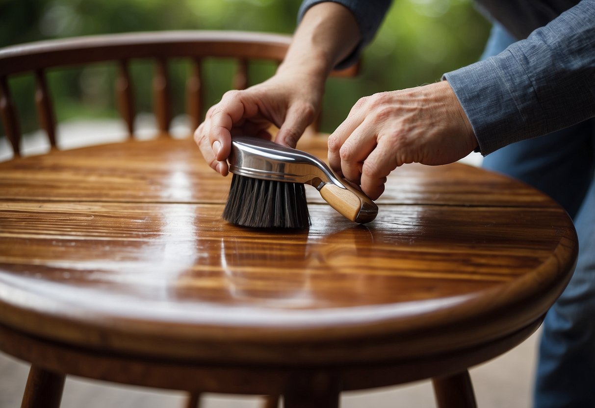 A person applies shellac to a wooden chair, using a brush to evenly coat the surface. The chair is then left to dry, creating a glossy finish