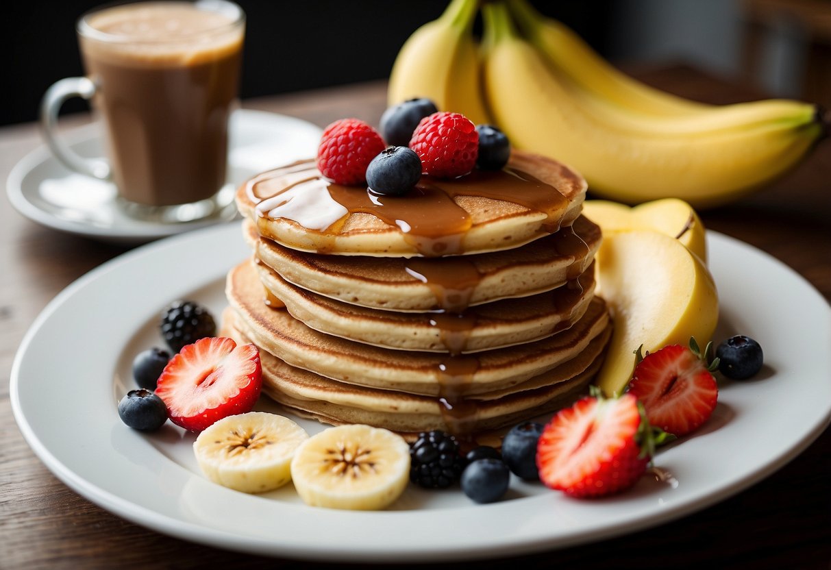 A plate of whole grain pancakes topped with almond butter and sliced banana, surrounded by a colorful array of fresh fruits and a steaming cup of coffee