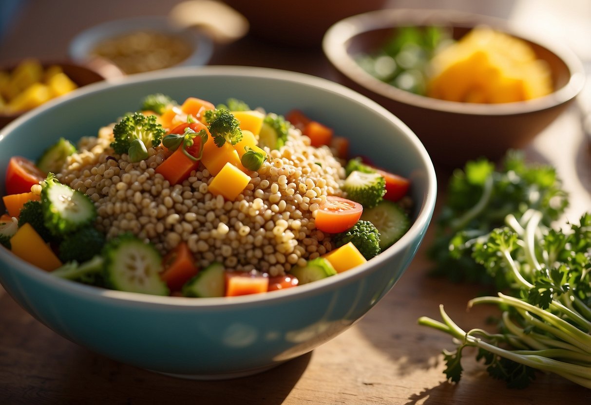 A colorful bowl filled with quinoa, steamed vegetables, and vibrant toppings. The morning sunlight streams through a window, casting a warm glow on the nutritious breakfast spread