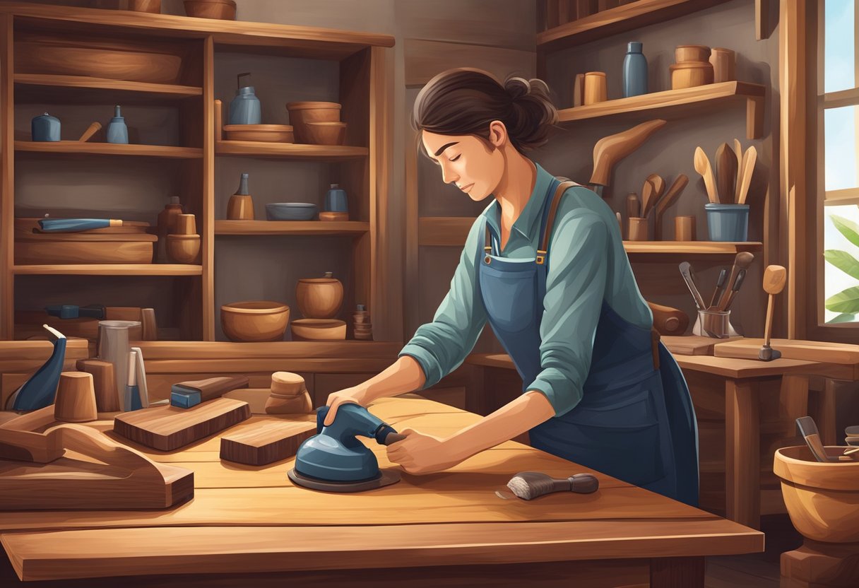 A person carefully polishing a wooden table, surrounded by handcrafted furniture and tools