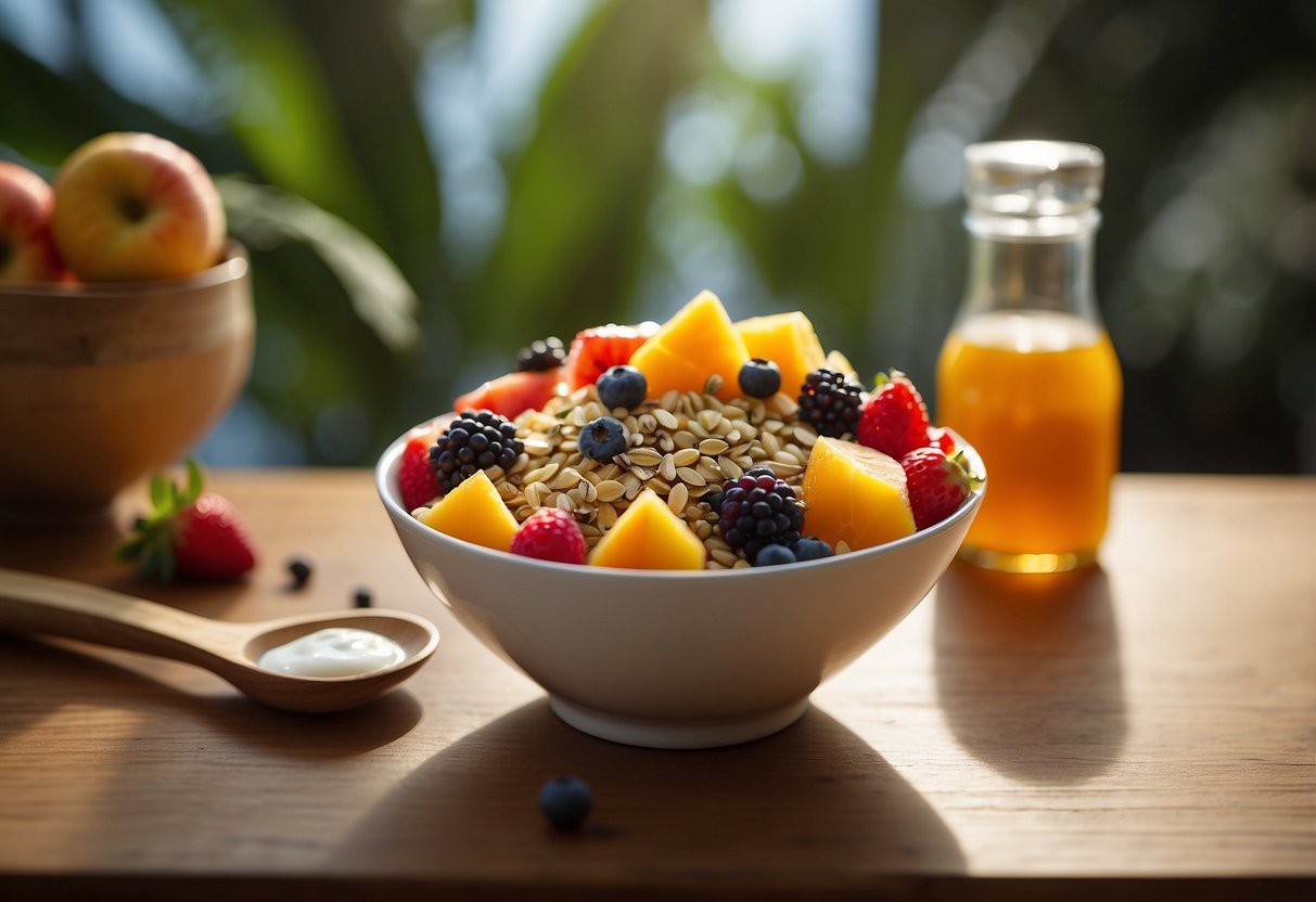 A bowl of fruit salad with hemp seeds and Greek yogurt sits on a table, surrounded by colorful tropical fruits and a jar of honey