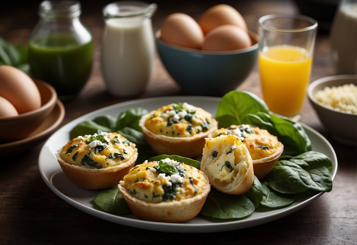 A plate of egg muffins with spinach and feta surrounded by fresh ingredients and a snorkel gear, ready for a pre-snorkel breakfast