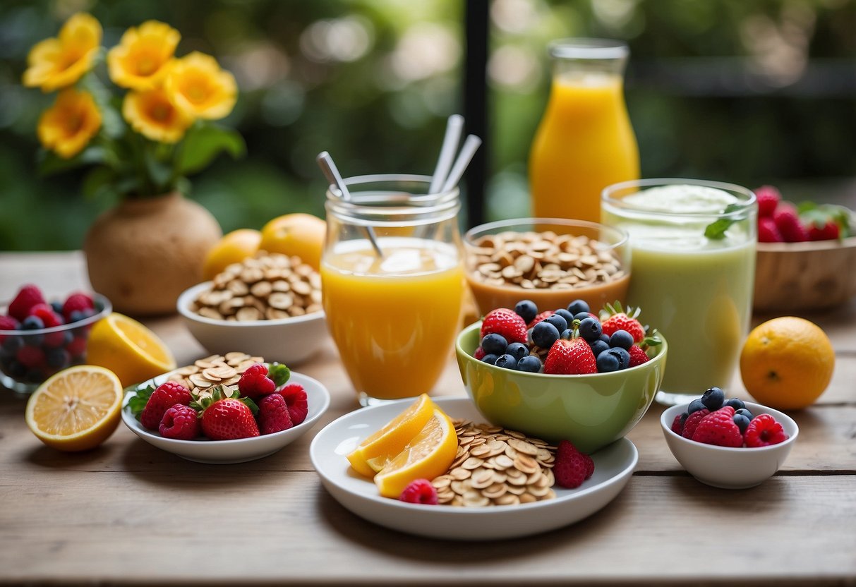 A table set with a variety of healthy breakfast options, such as fruits, yogurt, granola, and smoothies, with a snorkel and mask placed nearby