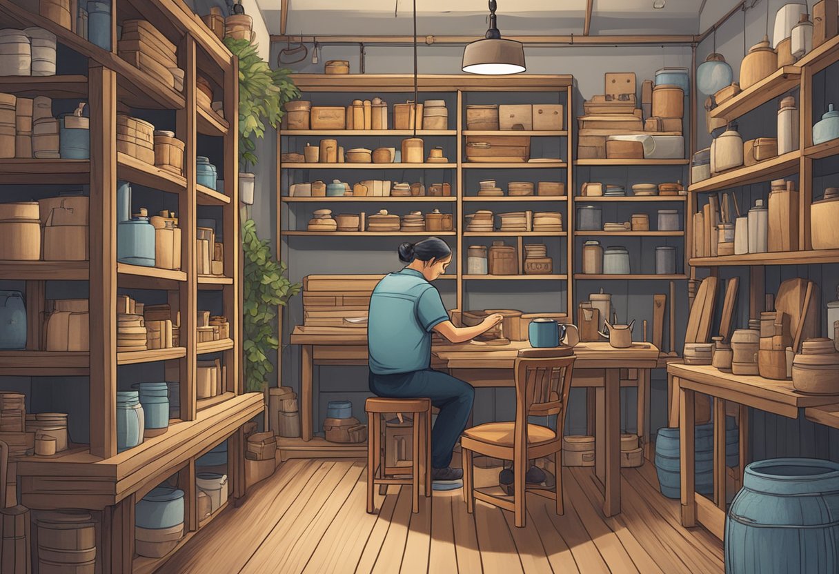 A cozy workshop with shelves of unique handcrafted furniture, a craftsman at work, and a sign that reads "Frequently Asked Questions singapore handicraft furniture."