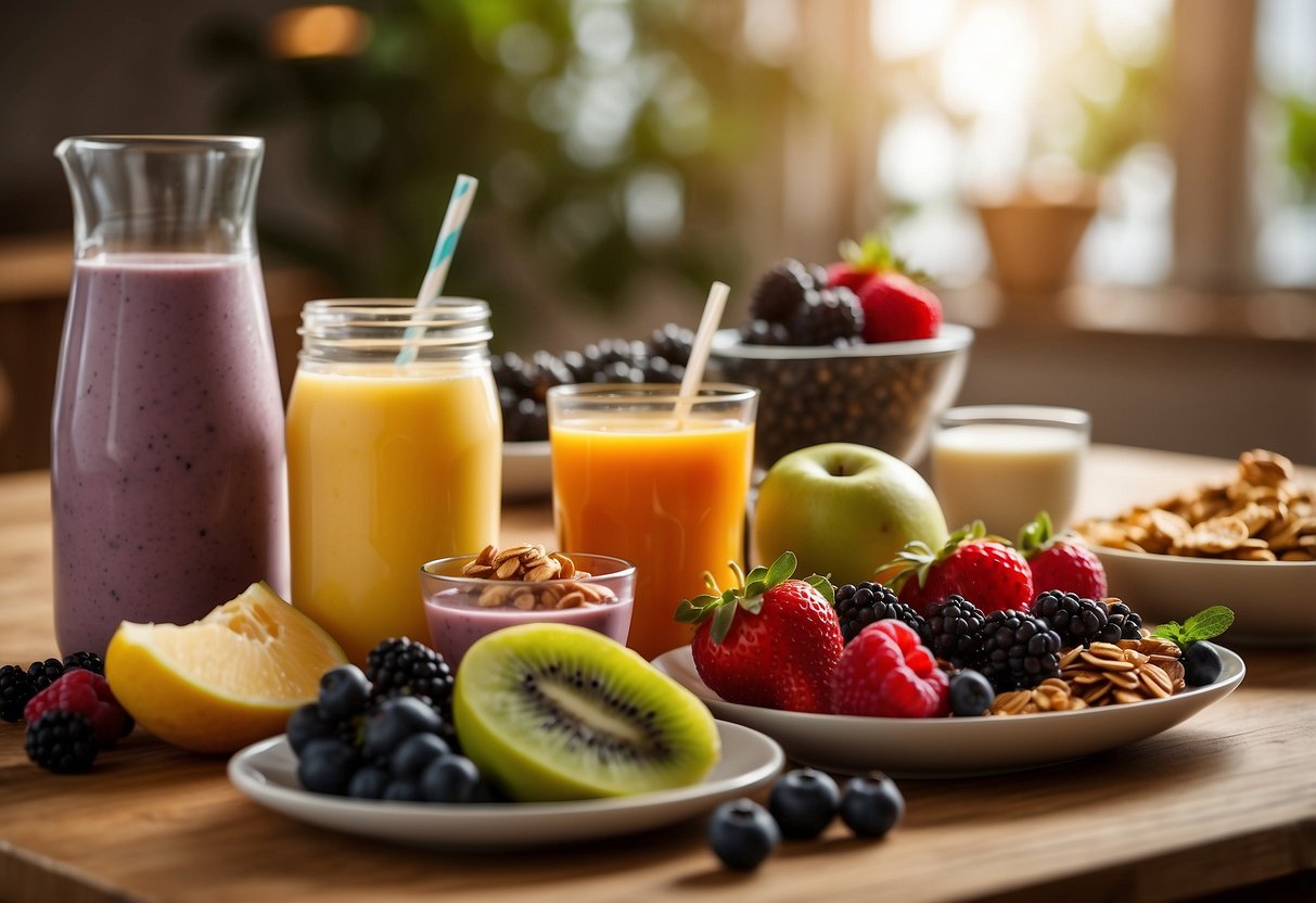 A table set with a variety of healthy breakfast options, including fruits, yogurt, granola, and smoothies. A clock on the wall reads 9:00 am