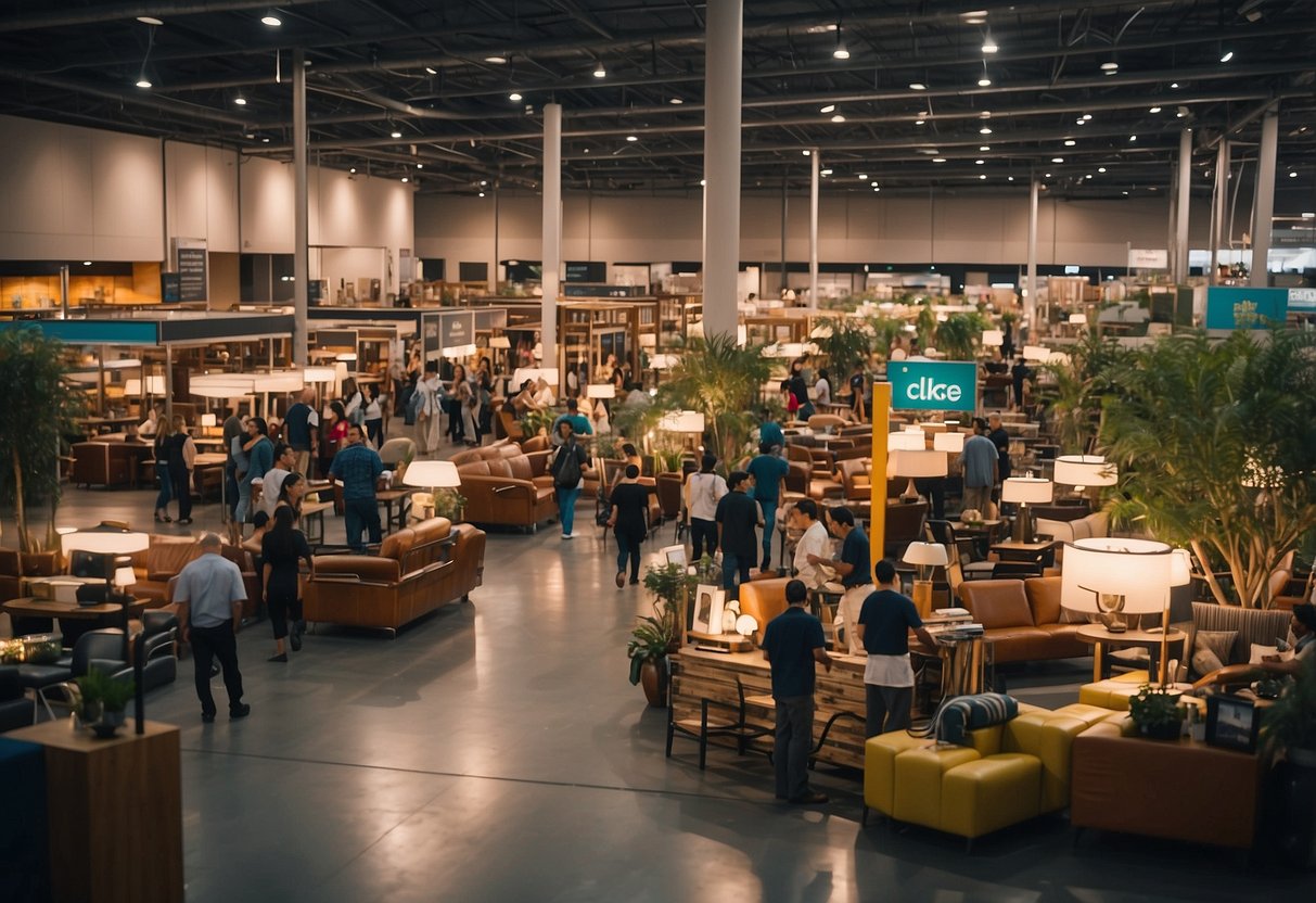 The bustling tradehub at Nova Furniture, with vendors displaying their wares and customers browsing through the various furniture options