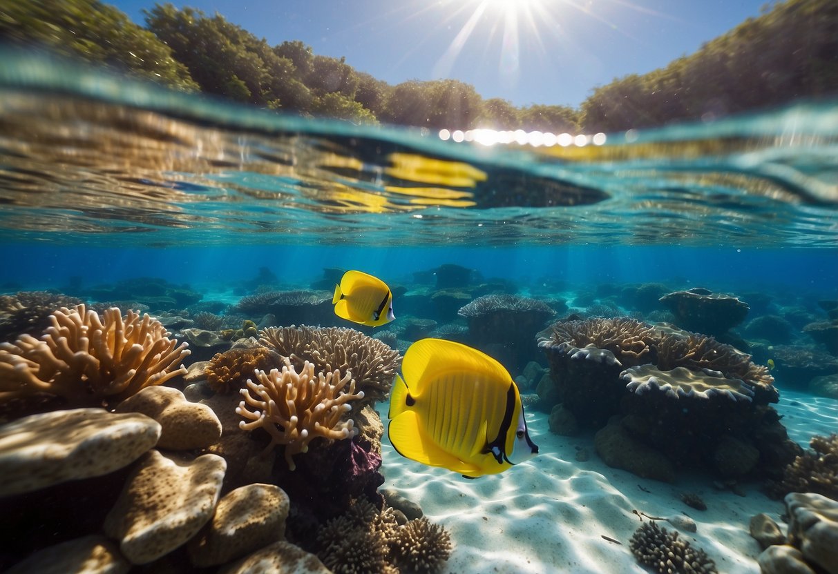 Crystal-clear water surrounds colorful coral reefs. A snorkel floats on the surface, while a water bottle rests nearby. Sunlight sparkles on the gentle waves