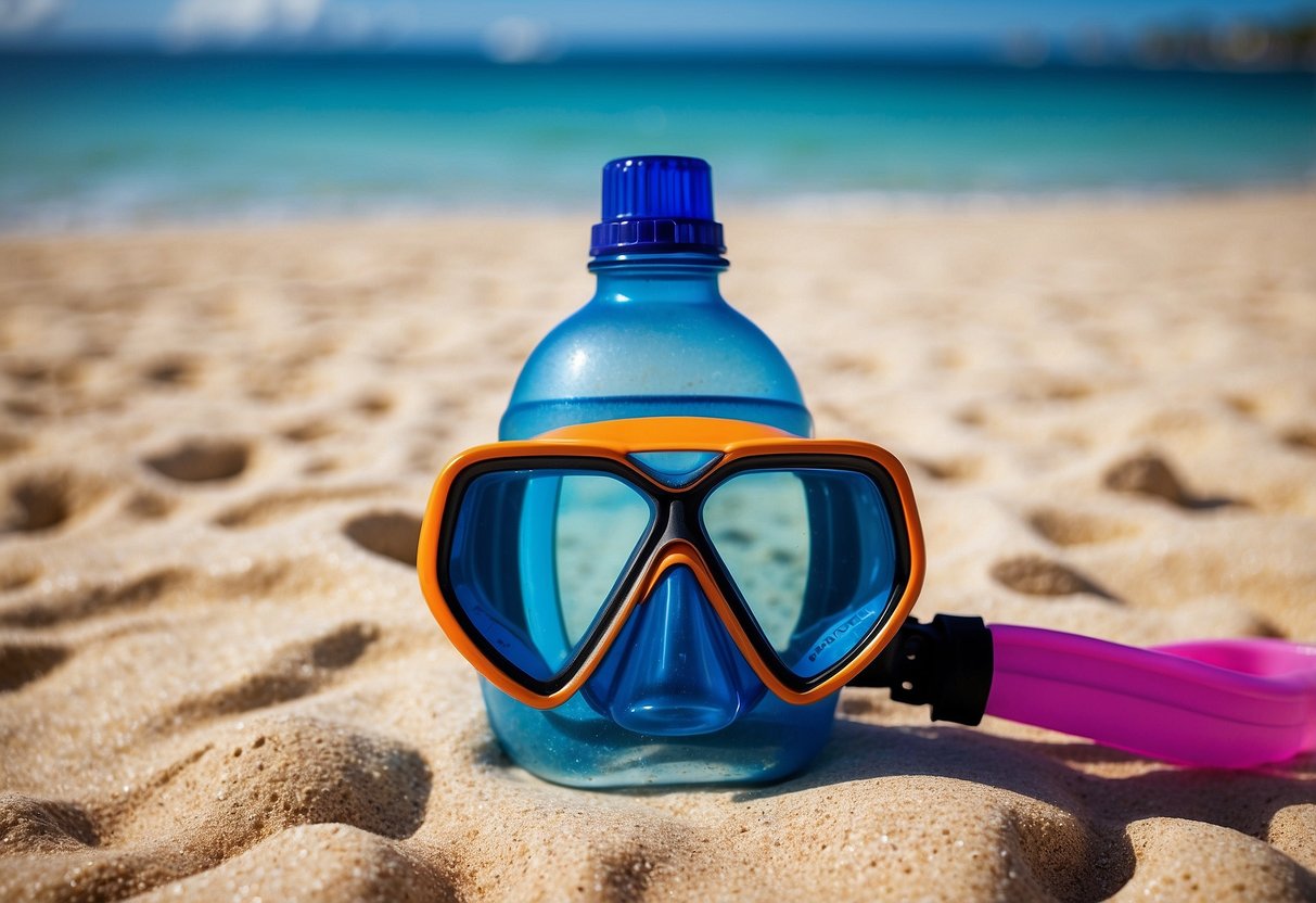 A snorkel mask sits on a sandy beach next to a colorful refillable water bottle. The clear blue ocean sparkles in the background